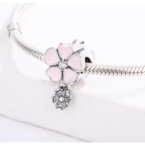 925 Sterling Silver Dangling Pink Cherry Blossom Flower Pendant Charm Bracelet DIY Jewelry Making For Original Pandora