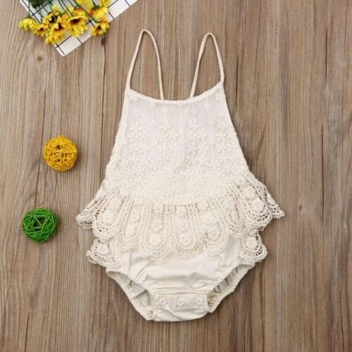 Halter Backless Bodysuits Cute Baby Girl Bodysuit Sleeveless Ruffles Lace Jumpsuit Infant Girls Holiday Cotton Clothes Outfit