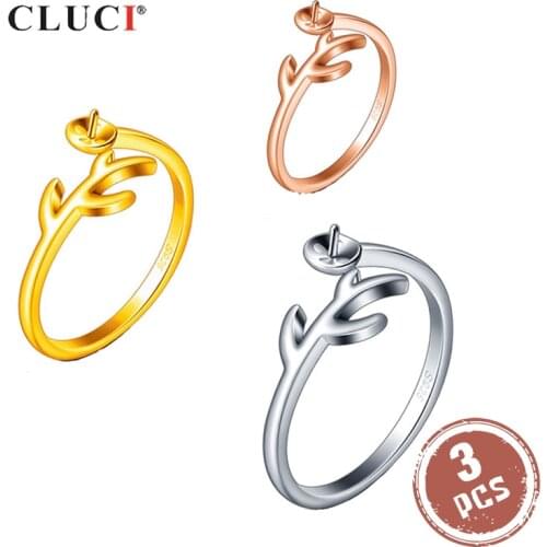 CLUCI 3pcs 925 Sterling Silver Design Ring for Women Party Silver 925 Pearl Ring Mounting Adjustable Leaf Ring Jewelry SR2210SB