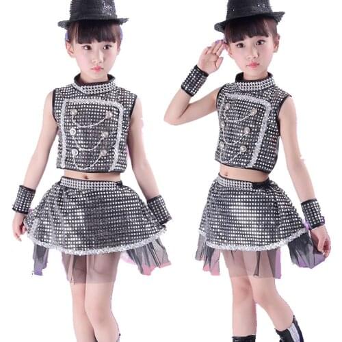 Childrens Jazz Dance Costumes Hip-hop Clothing Kids Black Sequin Outfits