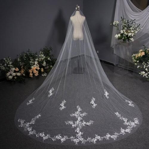 Real Photos Long Lace Wedding Veil 3.8 Meters Ivory Bridal Veil Chapel Appliqued Bride Headpiece Wedding Accessories