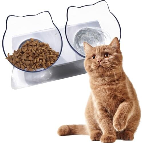 Cat Double Bowl With Stand Food Storage Drinking Bowl For Dog Cat Pet Non-slip Portable Feeder Stuff With Protection Cervical