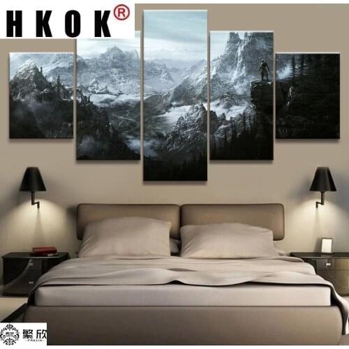 HKOK Home Decor Modular Canvas Picture 5 Piece Elder Scrolls V Skyrim Game Painting Poster Wall For Home Canvas Painting