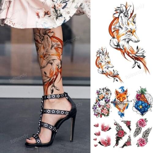 Fake tattoo fox wolf flowers temporary tattoos leg thigh calf arm sleeve body tattoo big waterproof beauty sexy for girls women