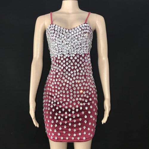 Silver Rhinestone Red Velvet Dress Women Prom Party Dance Costume Birthday Celebrate Stone Outfit Strap Short Dress