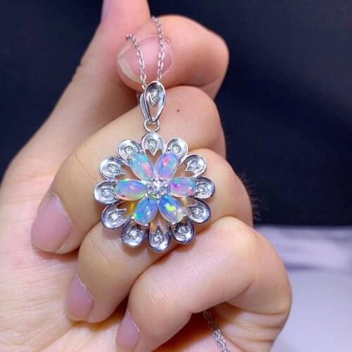 Natural Multicolor opal Pendant natural gemstone pendant necklace S925 silver ancient round Sun flower girl gift fine jewelery