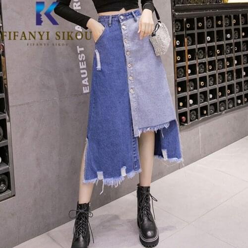Summer Women High Waist Denim Skirt Single Breasted Fashion Spliced Asymmetry Mid Long Skirt Female Pocket Loose Jeans Skirts