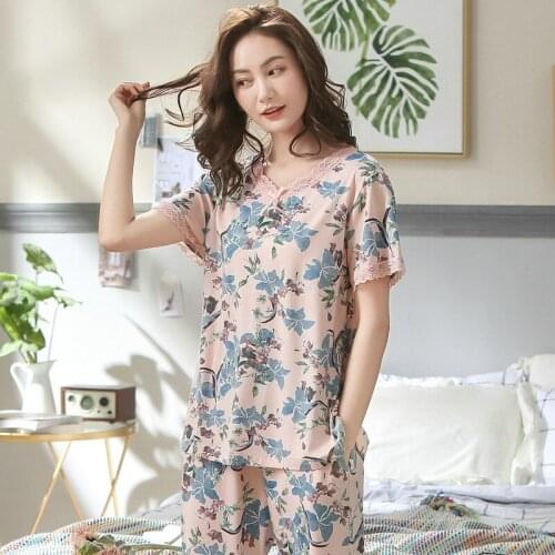 Summer Ladies Pajamas Thin Section Modal Printed Lace Trim Short-sleeved Summer Home Service Suit Plus Size Middle-aged Mother