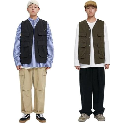 Men Vests V-neck Sleeveless Single Breasted Thin Safari Style Pockets Retro intage Loose Hip Hop Chic Ulzzang Handsome Fashion
