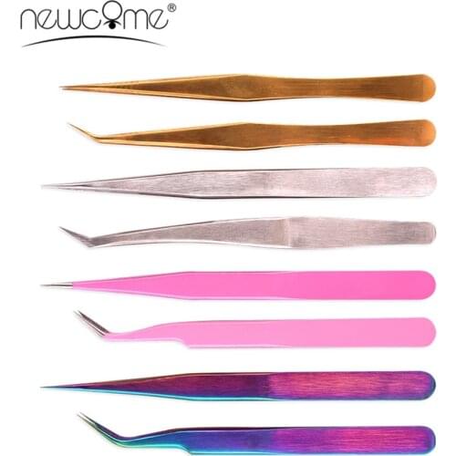 NEWCOME Silver Stainless Steel Anti-Static Eyelash Extensions Tweezers Eyebrow Professional Straight Curved Tweezers Makeup Tool