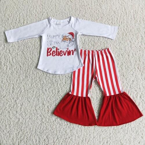 New arrival Santa outfits baby girls cartoon tops+striped flare pants 2 pcs set christmas kid childrens clothing suits gxj