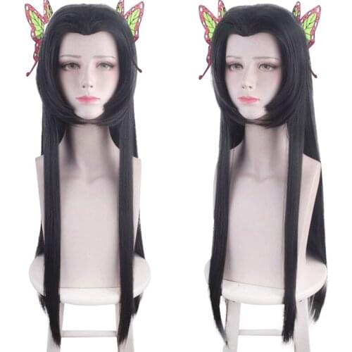 Kochou Kanae Wig Anime Demon Slayer Kimetsu no Yaiba Cosplay Synthetic Black Long Hair Butterfly Headwear Halloween Cos Props