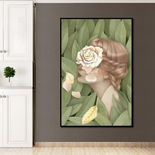 Nordic Green Style Poster Pretty Girl In Leaves Canvas Painting Print Art Wall For Living Room Bedroom Home Decor