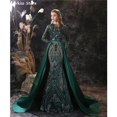 Mermaid Luxury Evening Dresses Sweep Train Sequin Applique Long O-neck Sleeves Tulle Illusion Prom Dress sukienki wizytowe