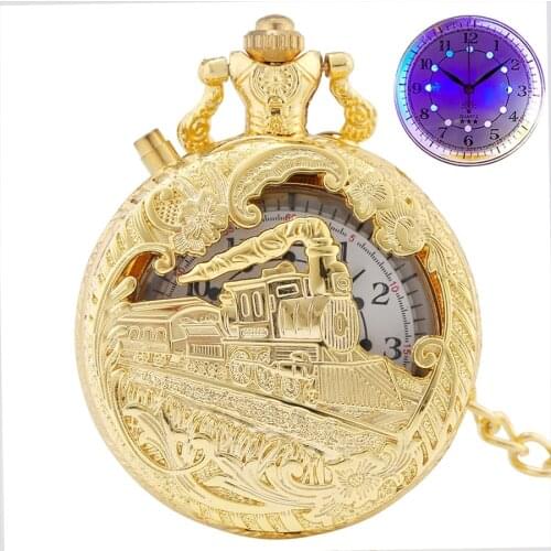 Top Luxury Gold Luminous LED Quartz Pocket Watch Train Locomotive Engine Steampunk Quartz FOB Light Watch Gifts for Men Women