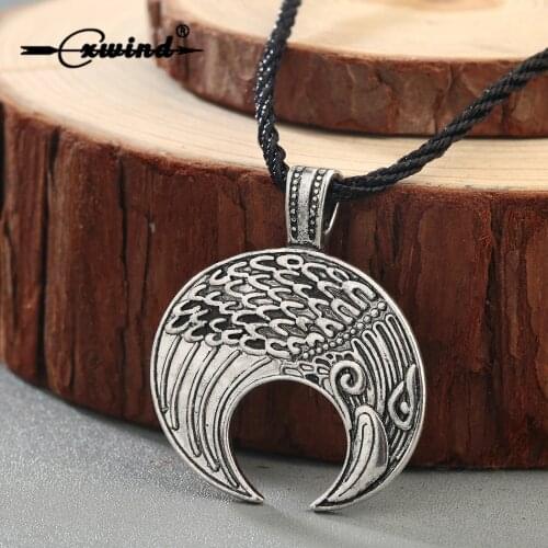 Cxwind Trendy Crescent Moon Norse Slavic Pagan Raven Necklace Retro Viking Lunula Pendant Necklace Amulet Bird Rope Jewelry
