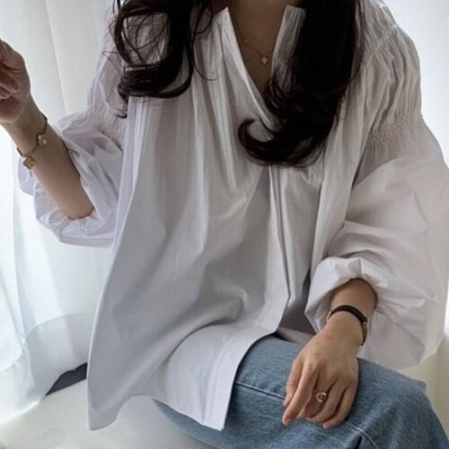 Korean Chic Vinatge White Shirt Women Lantern Sleeve Ladies Office Shirts Plus Size Loose Tops Female Clothes Blusas 13789