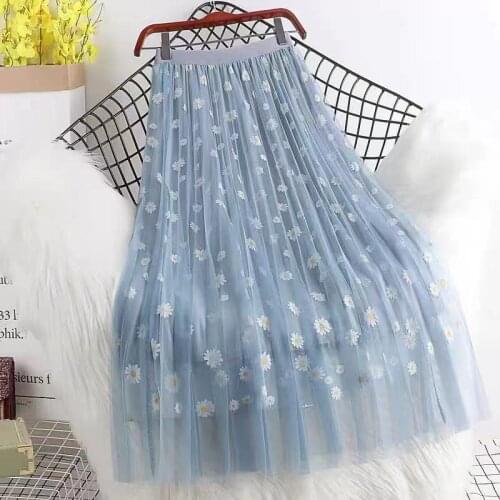 Summer Girls Floral Printed Elegant Double-Layer Mesh Midi Skirts Fashion Women Streetwear High Waist Tulle Pleated Skirt DS253