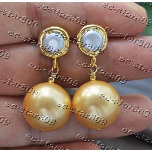 Z11351 18mm Golden Round South Sea Shell Pearl Gold plated Dangle Earring Women Fasion Jewelry