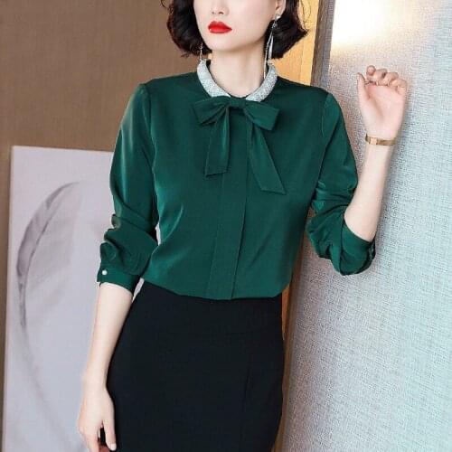2020 Spring Fall Office Ladies Women Pearls Bow Collar Green Long Sleeve Chiffon Top Blouse , Autumn Female 3xl Tops Blouses