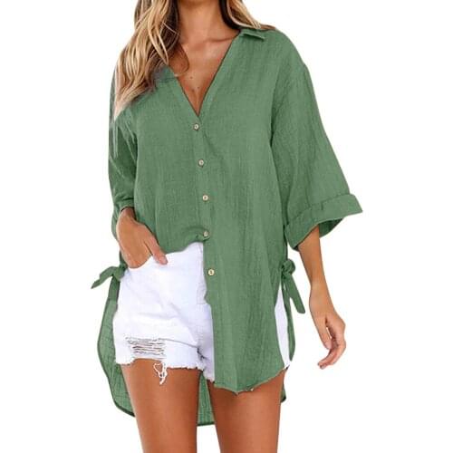 Womens Loose Button Long Blouse Ladies Casual Bandage Solid Color Fashion Tops T-shirt Blouse Camisa Femenina #PY