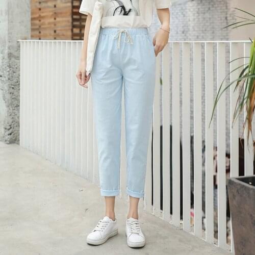 2021 New women harem pants cotton linen spring summer ankle-length trousers casual solid girls pants high elastic soft pants