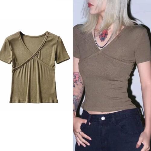 2021 Fashion Za Women Cross Woven V-Neck Cropped Knitted Tees Vintage Gothic Puff Sleeve Fitted Female Pullovers Chic Top WW8011