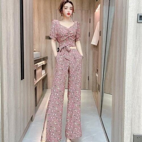 2021 New Summer Fashion Women Short Sleeve Sexy Printed Blouse and Split Wide Leg Pants Suit 2 Piece Sets Womens Outfits X3