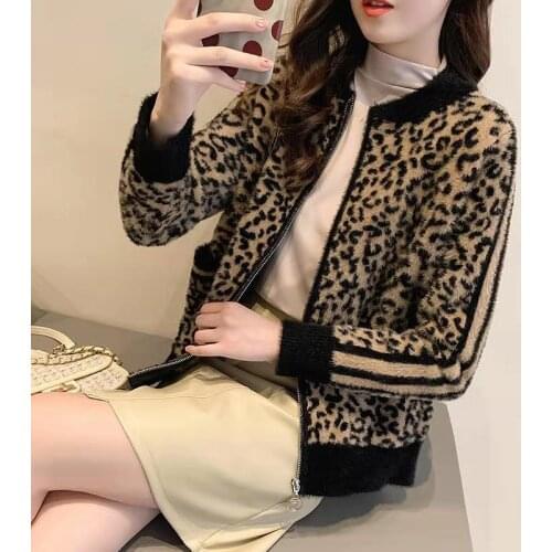 Woman Sweaters Cardigan Mink Fur Short Autumn Leopard Print Knitted Sweater Cardigan Coat Womens Fashionable Outerwear Casual