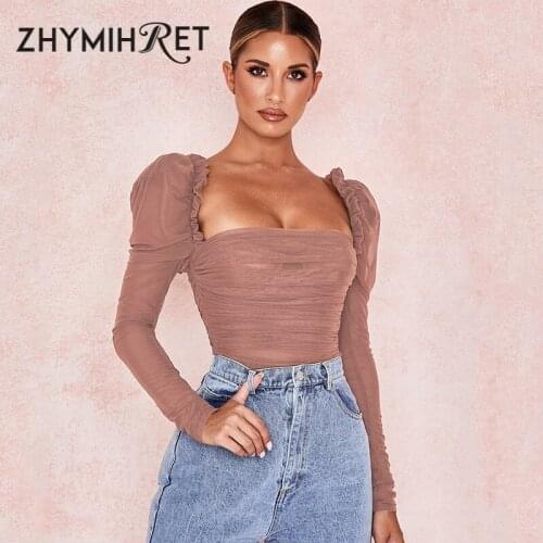 ZHYMIHRET Lettuce Edge Square Collar Mesh Bodysuit Women Puff Sleeve Backless Ruched Rompers 2019 Autumn Sexy Body Femme
