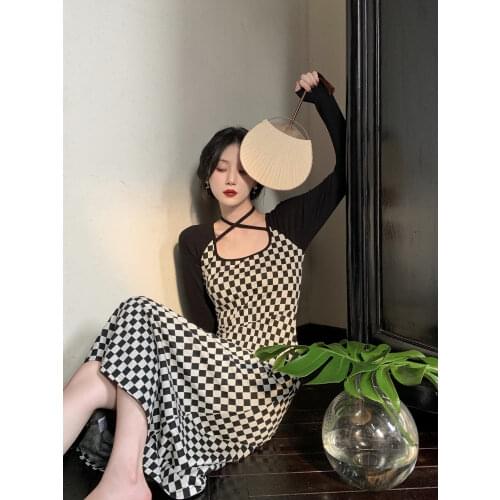 Dress Womens Fall 2021 New French Retro Black And White Checkerboard Plaid Temperament Slim Mid-length y2k Knit Skirt