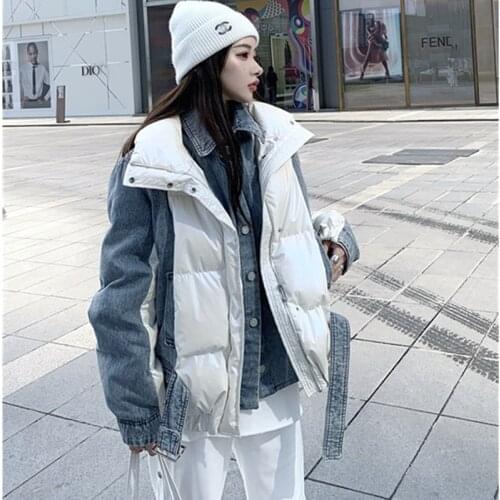 Winter Down Jacket Female Stand collar Denim Patchwork Loose White duck down Coat Casual Womens Short Outwear Warm Thick Parkas