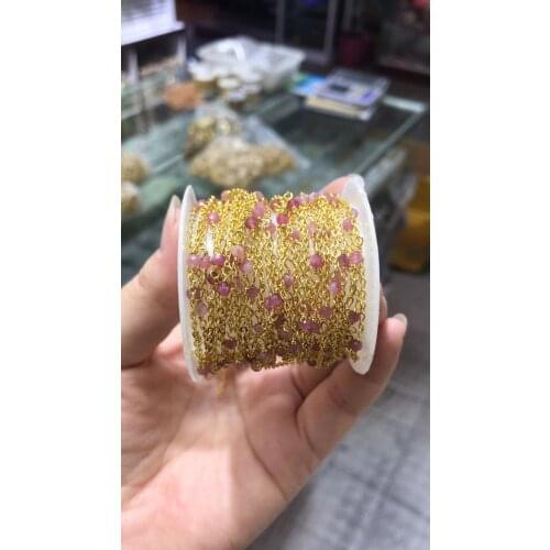 3M/packs Copper semiprecious stone jewelry making chain, pink crystal gold plated flat gems beads connector findings