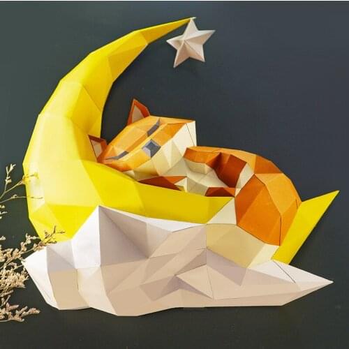 3D Fox on Moon Animal Paper Wall Art Sculpture Model Toy Home Decoration Wall Living Room Decor DIY Paper Craft Model Party Gift