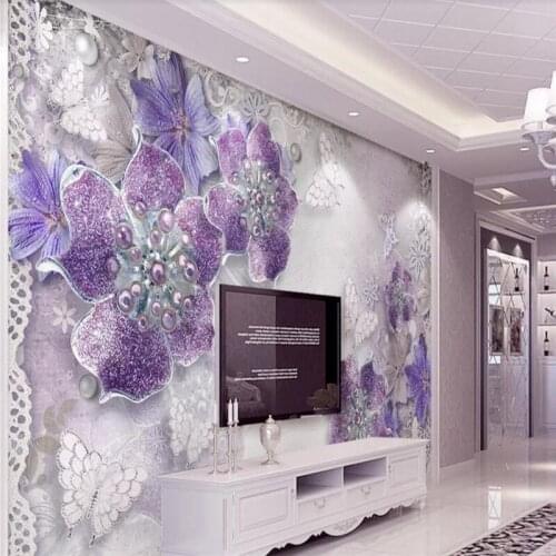 Custom wallpaper 3d three-dimensional noble gorgeous purple flowers TV background wall decoration - high quality silk fabric
