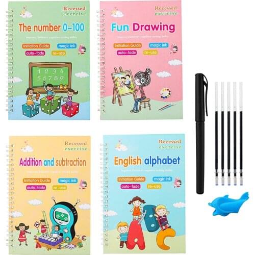 4 Books Childrens Magic Copybooks Reusable Learn English Art Writing Calligraphy Practice Manga Book For Kids School Supplise