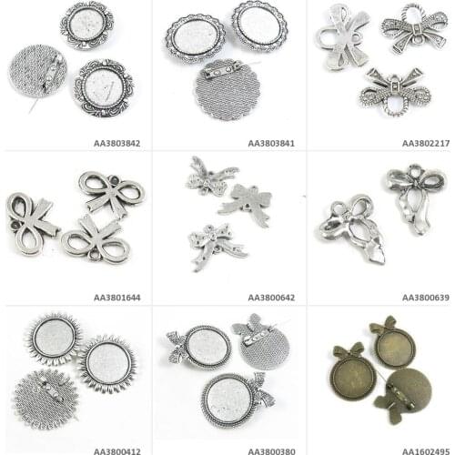 Antique Bronze Silver Plated Jewelry Making Charms Bowtie Cabochon Frame Blanks Pinback Oval Brooch Round Base Bowknot Bow Tie