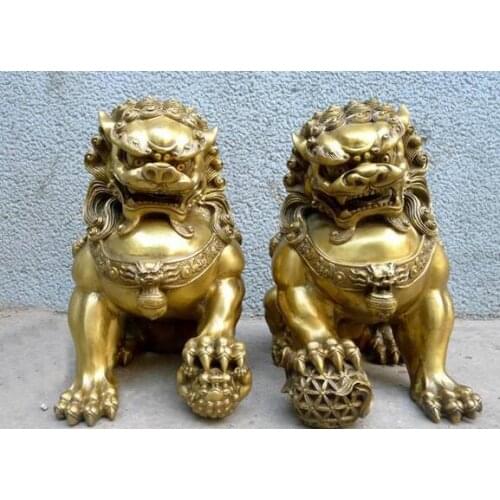 B0602 522China Royal Palace Pure Brass Door talisman Fu Foo Dog Evil Guardian Lion Pair statue