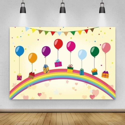 Kids Celebration Party Banner Decor Backdrops Colorful Balloons With Gifts Fly On Rainbow Bridge Backgrounds For Table Photo
