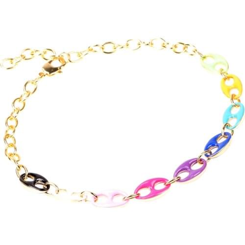 EYIKA Trendy Mix Color Enamel Coffee Beans Shape Link Chain Necklace for Women Gold Collar Unique Design Rainbow Choker Jewelry