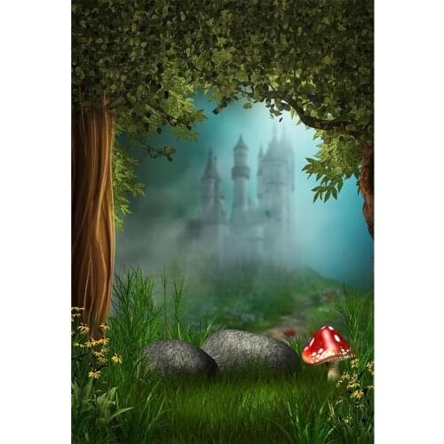 Magic Forest Photography Background White Castle In The Wonderland Green Trees And Grass Red Mushroom And Gray Stone Backdrop