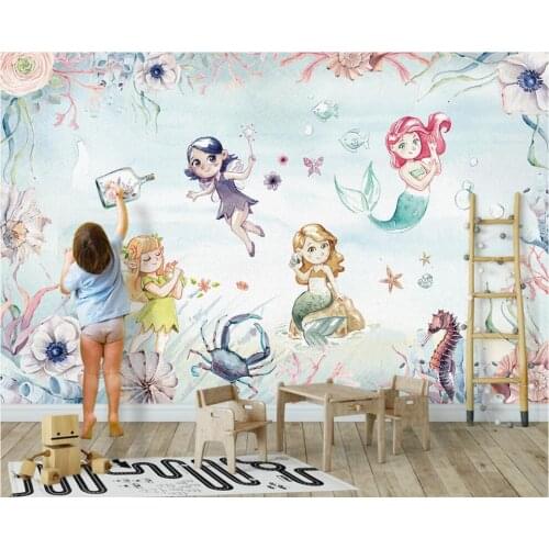Custom mural wall paper 3 d Sea World Cute Elf Mermaid Girl Childrens Room home decor photo Wallpaper in the living room