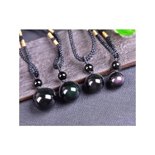 Stone Black Obsidian Rainbow Eye Beads Ball Pendant Necklace Transfer Lucky Love