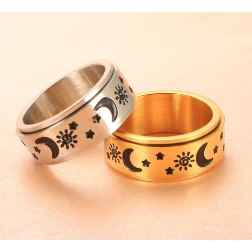 Moon Star Sun Rotation Ring Black Oil Dripping Ring For Women Men Hip Hop Ring Jewelry Gift Wholesale