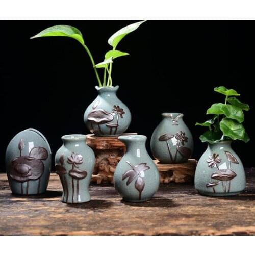 Creative Ceramic Small Vase Simple Household Ge Yao Hydroponic Floret Jardiniere with Lotus Pattern for Living Room Home Decor