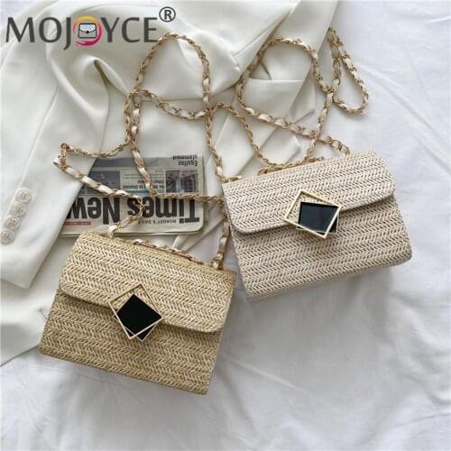 Summer Vacation Beach Chain Hasp Crossbody Handbags Fashion Women Woven Straw Shoulder Underarm Bag Portable Small Flap Purse