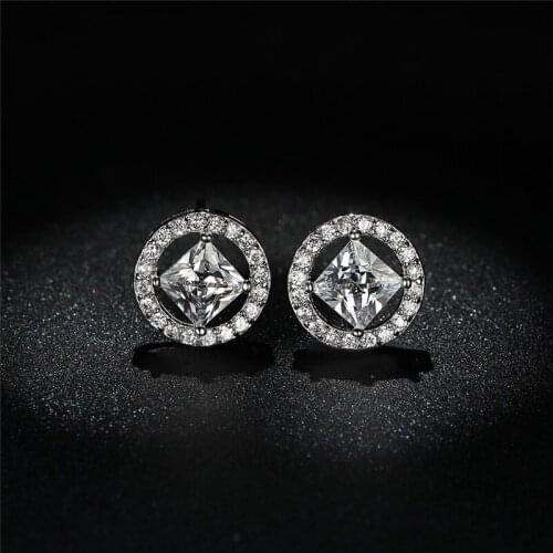 Luxury Female Crystal White Square Earrings Dainty Rainbow Round Stud Earrings For Women Silver Color Wedding Earrings