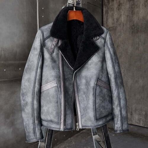 New Mens B3 Shearling Jacket Grey Leather Jacket Flight Jacket Short Fur Coat Fashion Motorcycle Jacket