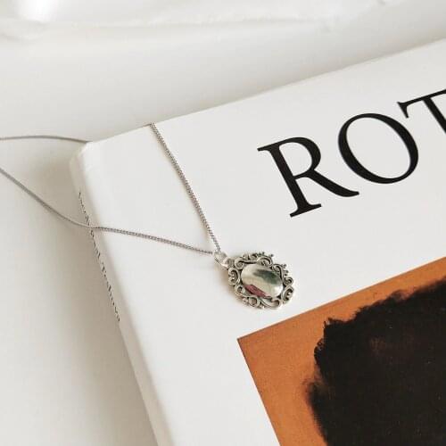 Authentic 925 Sterling silver vintage flower lace glossy Oval pendant necklace silver exquisite necklace Jewelry x282