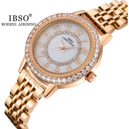 IBSO Luxury Zircon Women Wristwatches As Gift Japan Quartz Movement Stainless Steel Strap 30 Meters Waterproof Rose Gold Watch